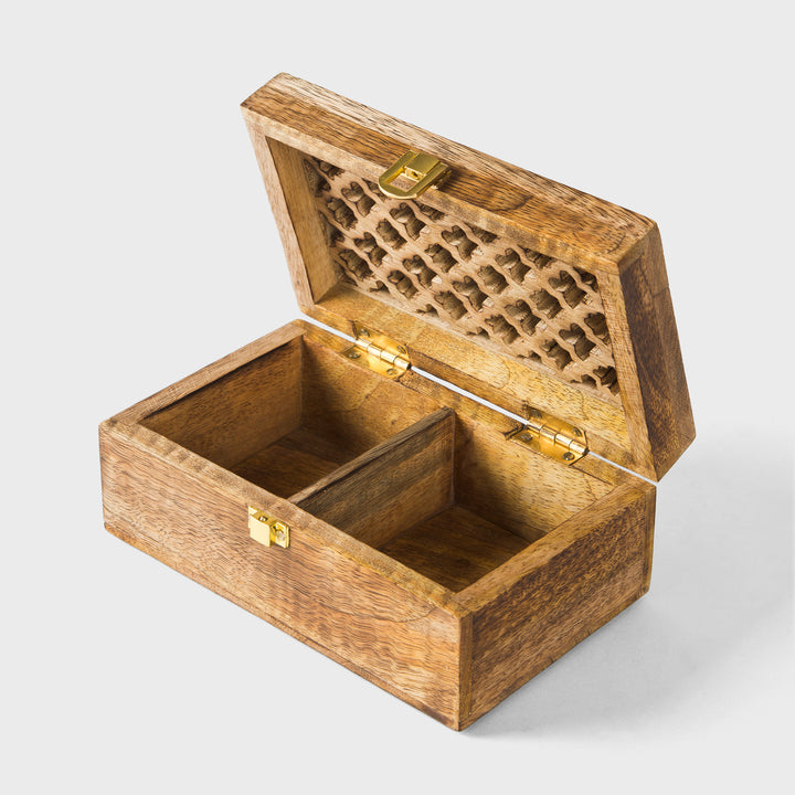 mango wood trellis keepsake box with two compartments and medium burnt finish