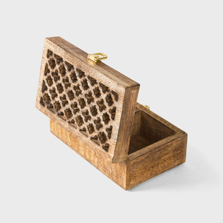 mango wood trellis keepsake box with two compartments and medium burnt finish