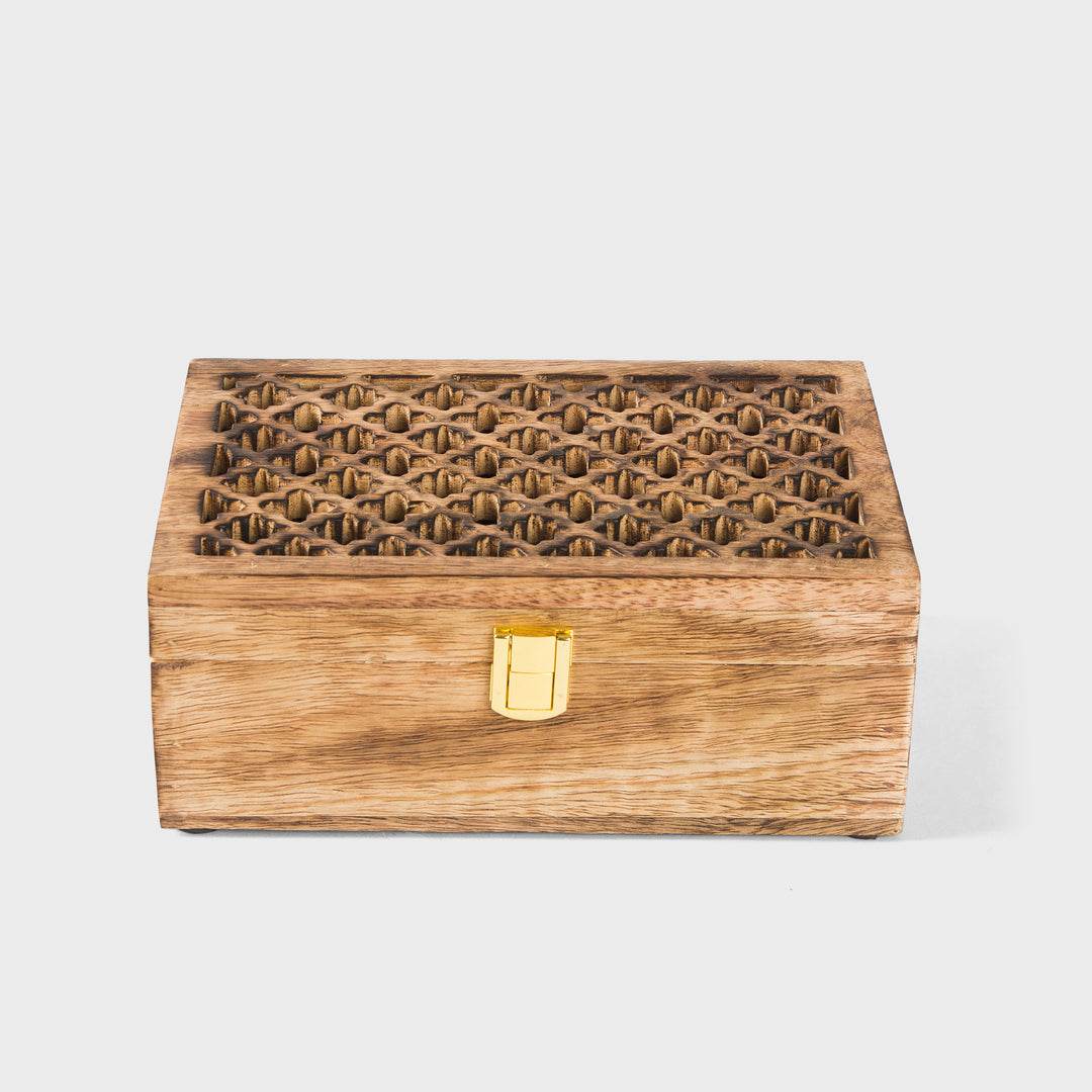 mango wood trellis keepsake box with four compartments and medium burnt finish