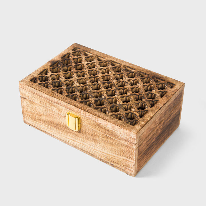 mango wood trellis keepsake box with four compartments and medium burnt finish
