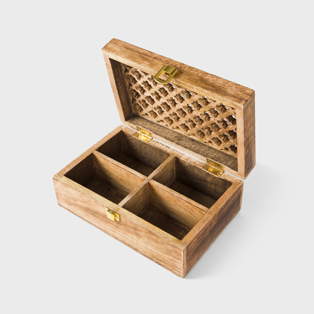 mango wood trellis keepsake box with four compartments and medium burnt finish