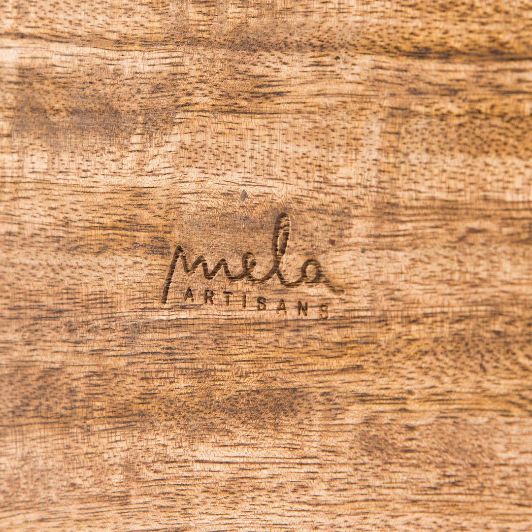 close-up of geometric trellis carving and medium burnt finish on mango wood keepsake box