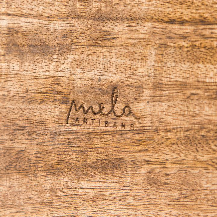 close-up of geometric trellis carving and medium burnt finish on mango wood keepsake box