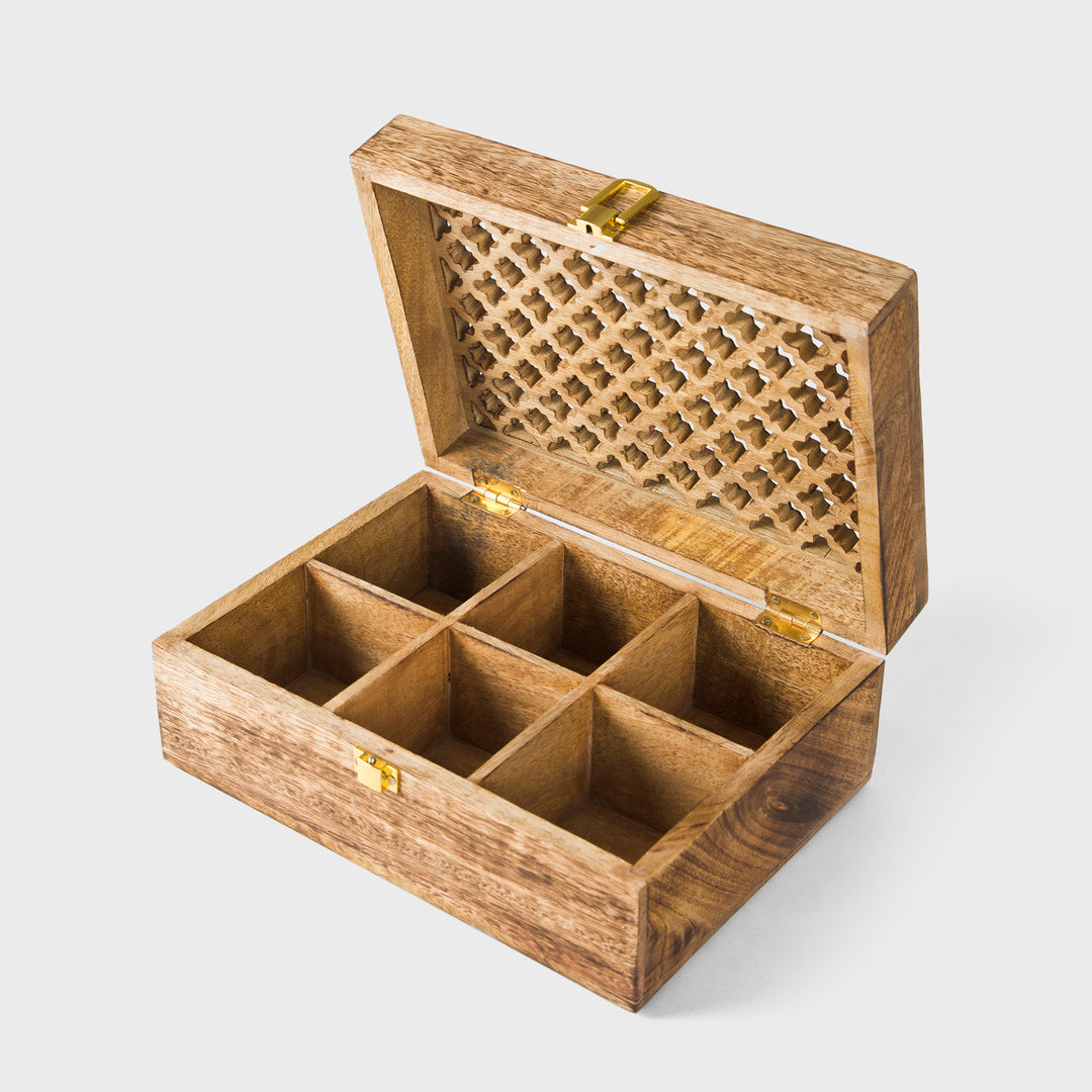 mango wood trellis keepsake box with six compartments and medium burnt finish