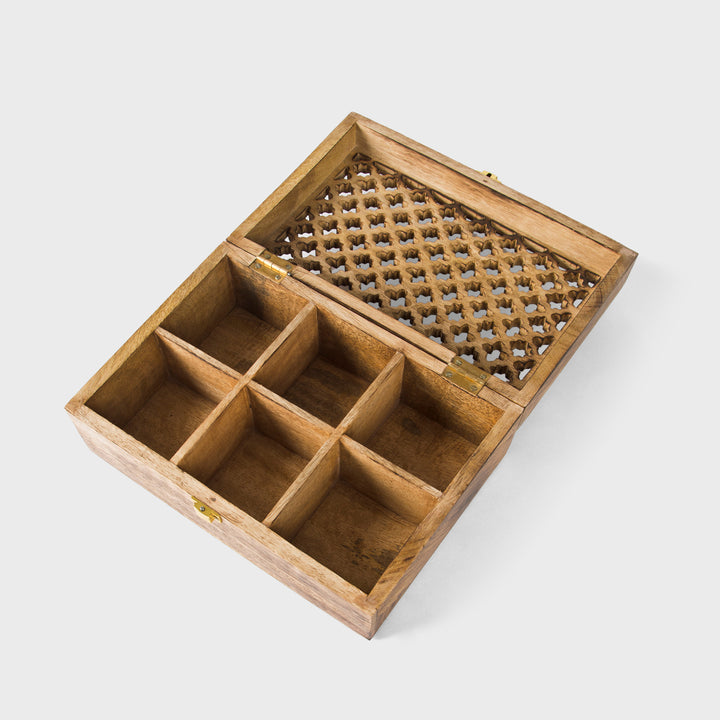 mango wood trellis keepsake box with six compartments and medium burnt finish