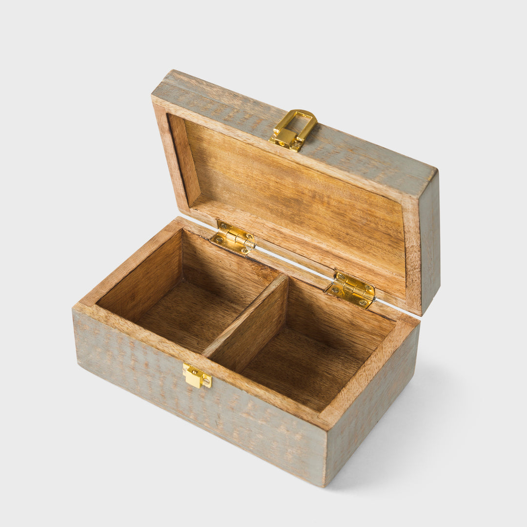 mango wood scallop keepsake box with two compartments and grey burnt finish