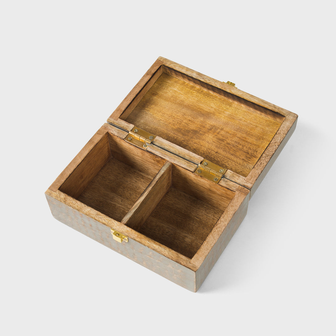 mango wood scallop keepsake box with two compartments and grey burnt finish