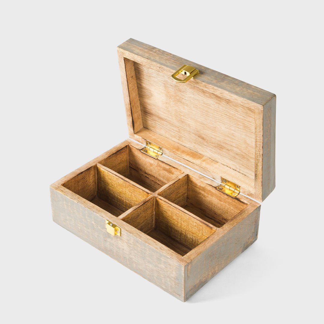 mango wood scallop keepsake box with four compartments and grey burnt finish