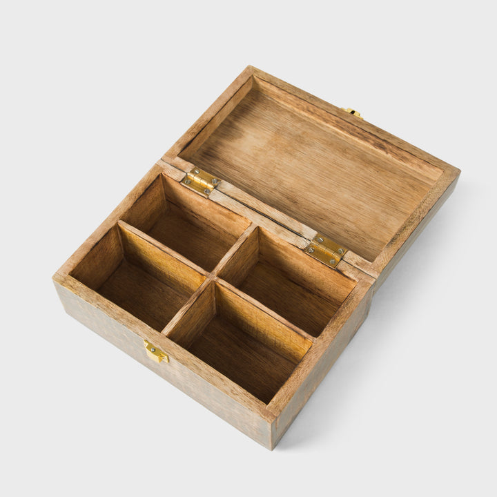 mango wood scallop keepsake box with four compartments and grey burnt finish
