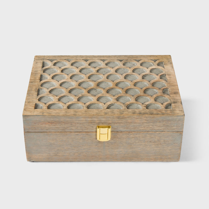 mango wood scallop keepsake box with compartments and grey burnt finish