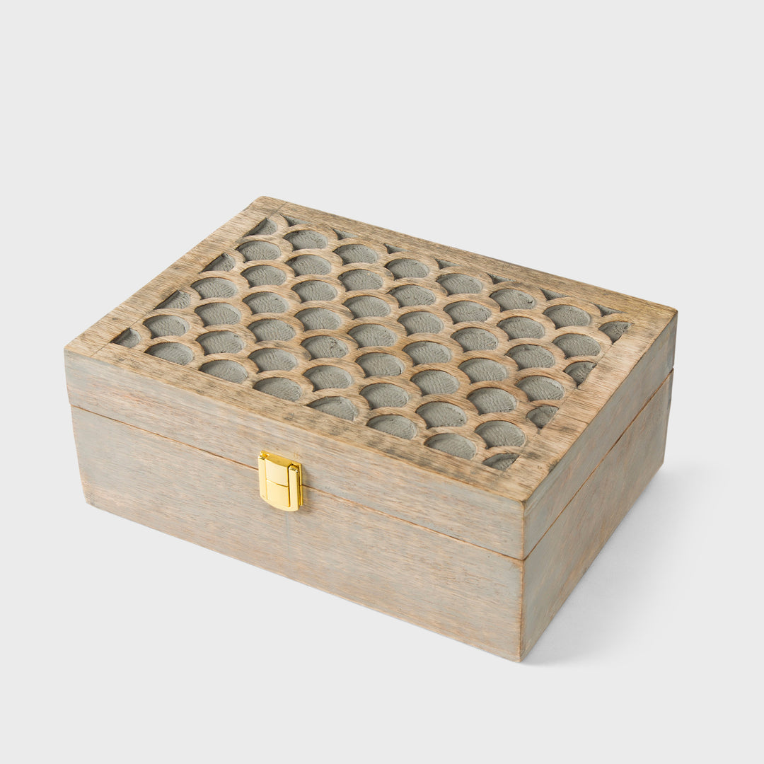mango wood scallop keepsake box with compartments and grey burnt finish