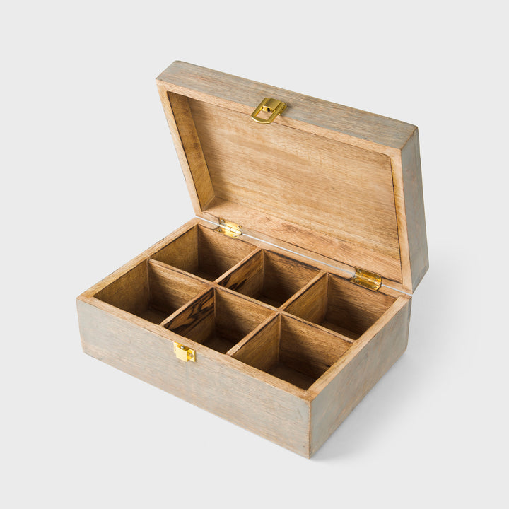 mango wood scallop keepsake box with six compartments and grey burnt finish