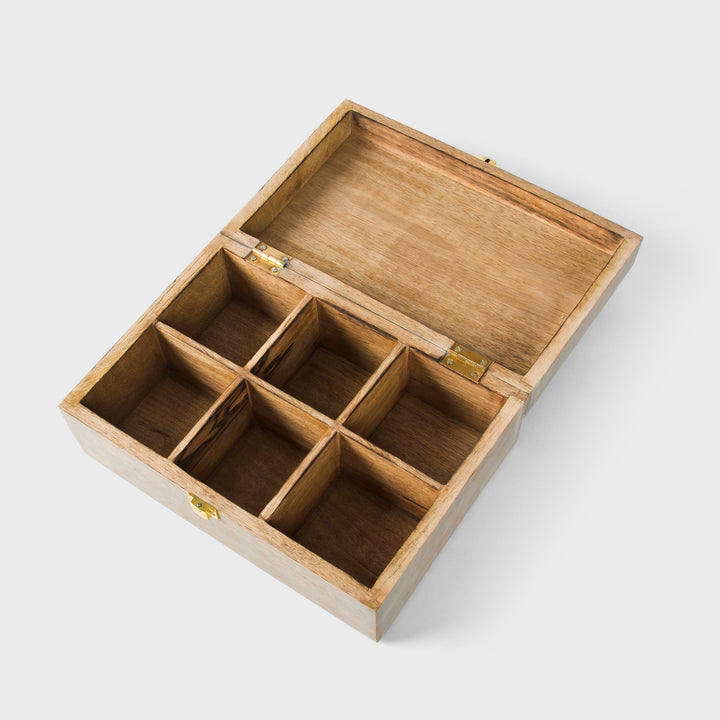 mango wood scallop keepsake box with six compartments and grey burnt finish