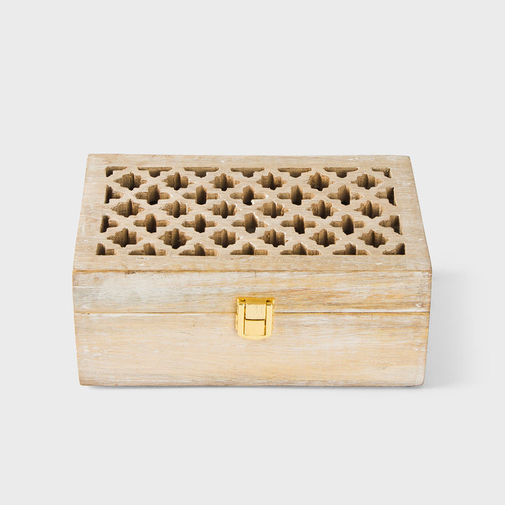 small mango wood trellis keepsake box with two compartments and whitewash finish