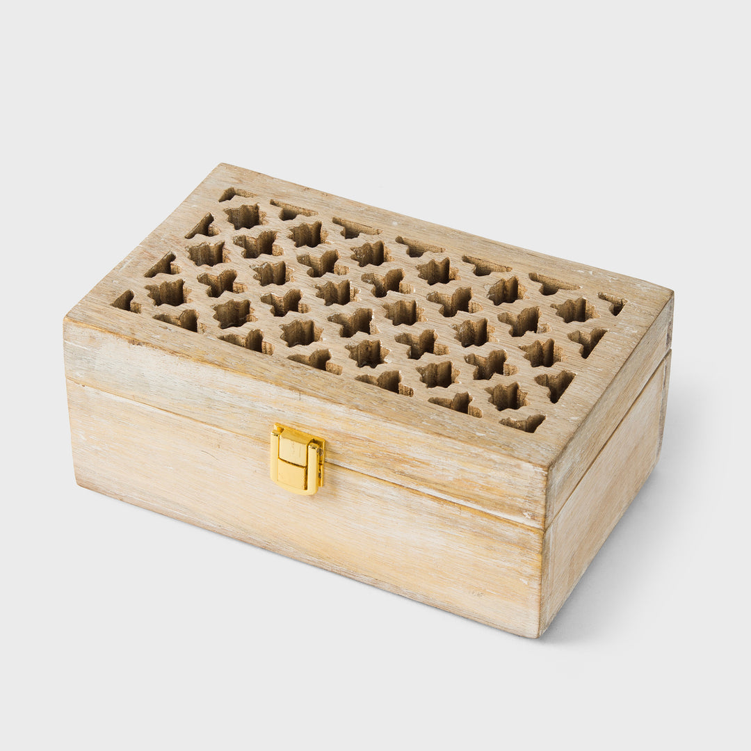small mango wood trellis keepsake box with two compartments and whitewash finish