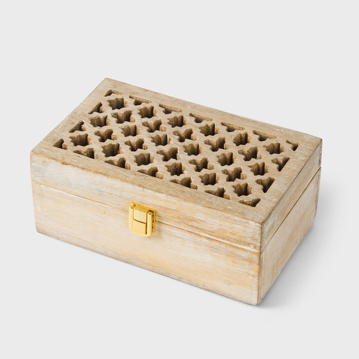 small mango wood trellis keepsake box with two compartments and whitewash finish