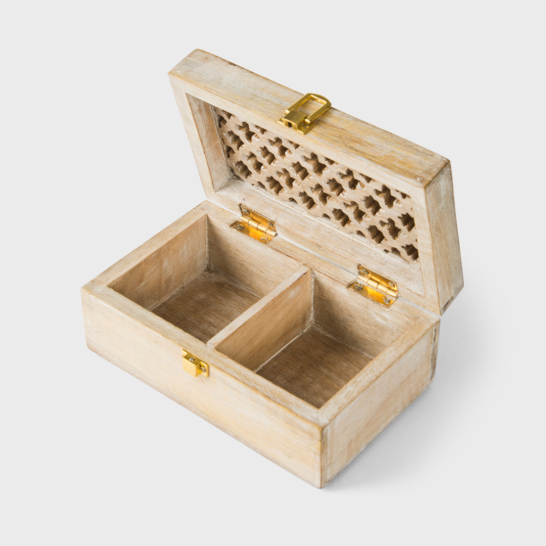 small mango wood trellis keepsake box with two compartments and whitewash finish