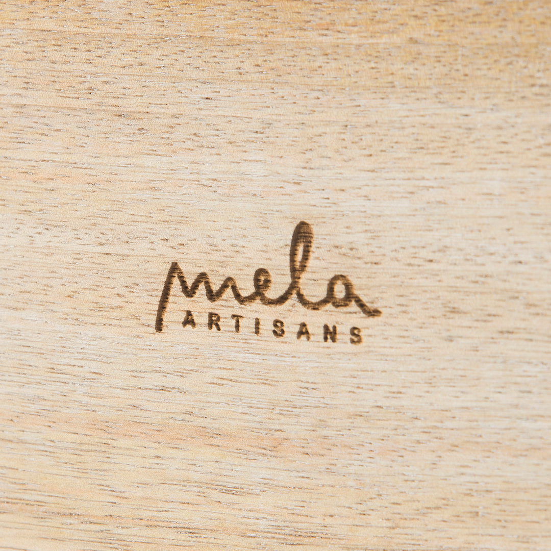 close-up of geometric trellis carving and whitewash finish on mango wood keepsake box