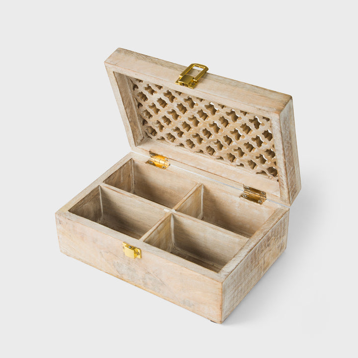 Mango Wood Trellis Keepsake Box with Compartments, Whitewash