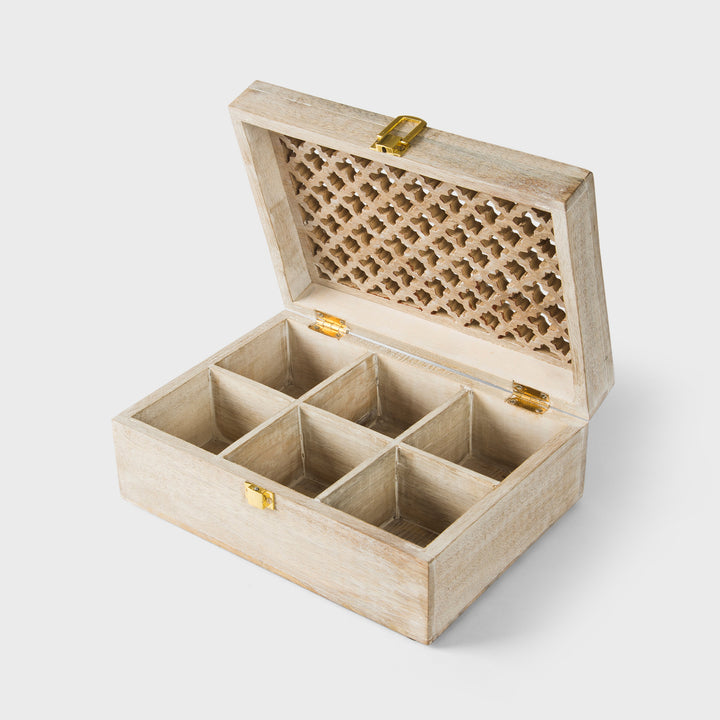 Mango Wood Trellis Keepsake Box with Compartments, Whitewash