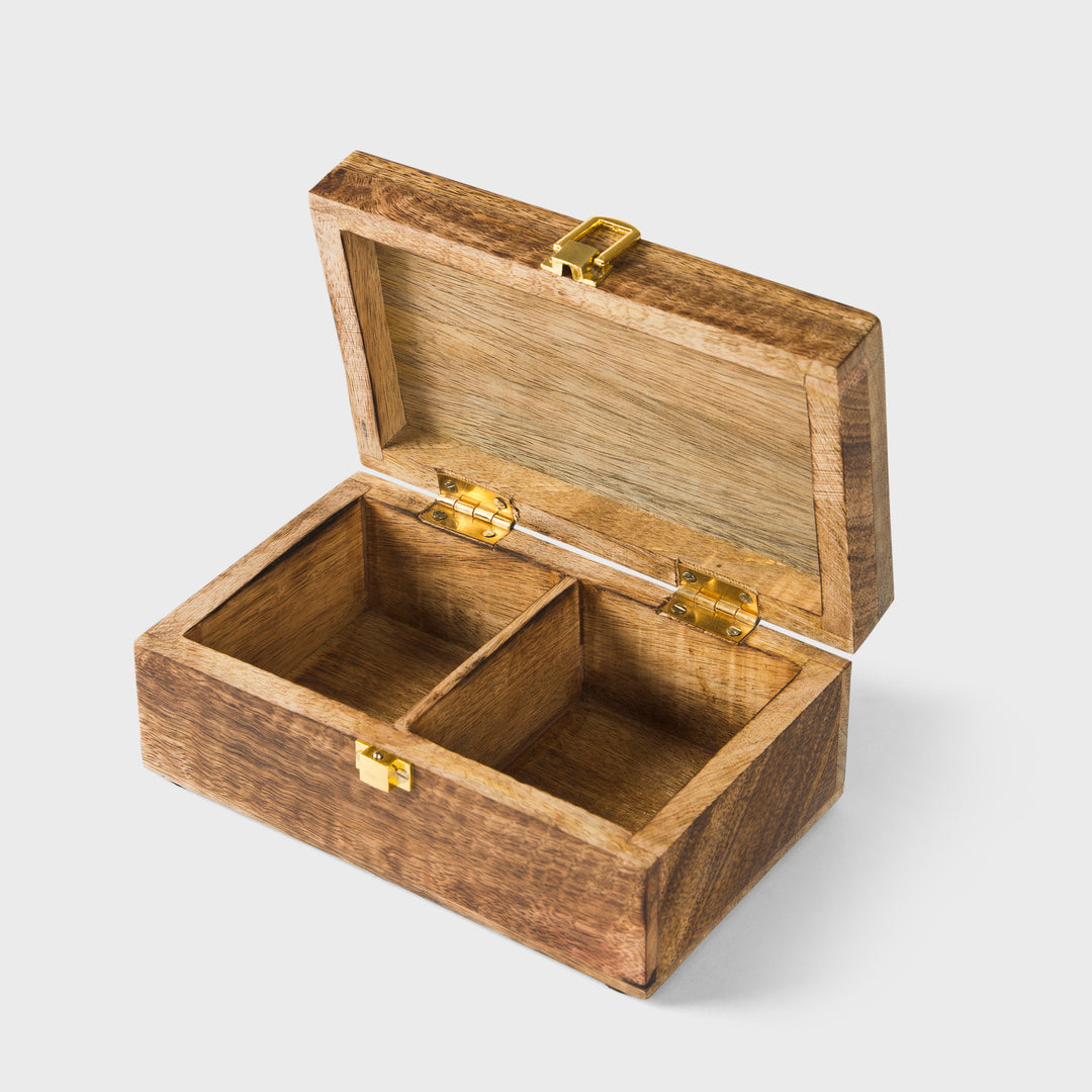 mango wood scallop keepsake box with two compartments and medium burnt finish