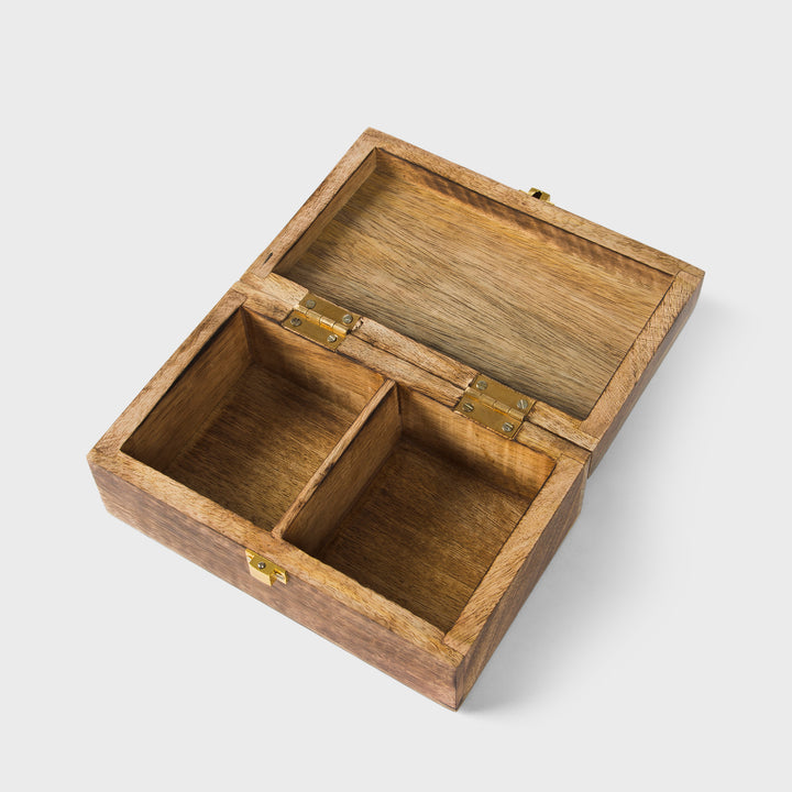 mango wood scallop keepsake box with two compartments and medium burnt finish