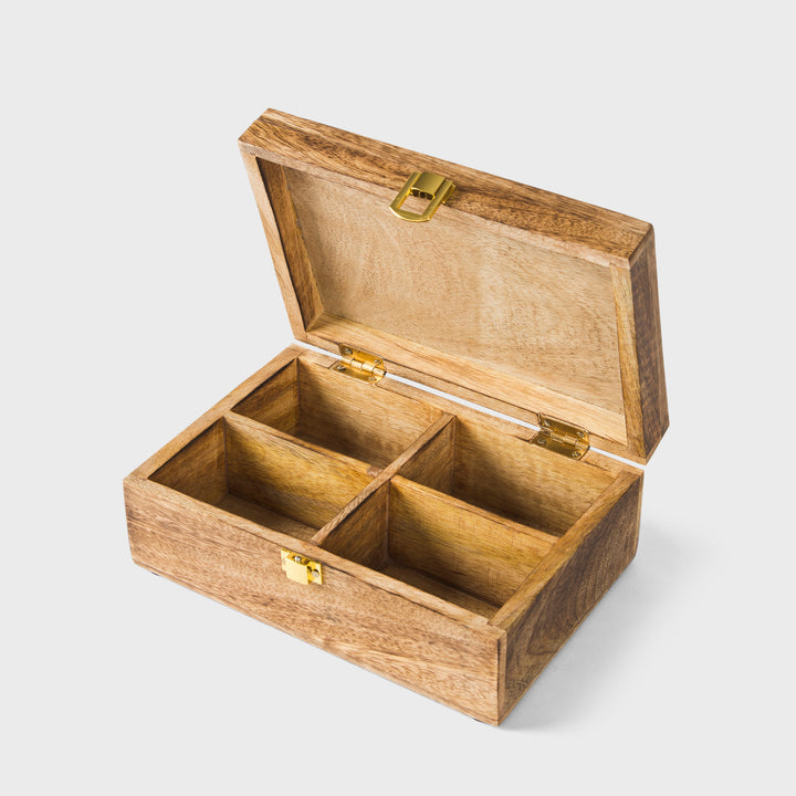 mango wood scallop keepsake box with four compartments and medium burnt finish