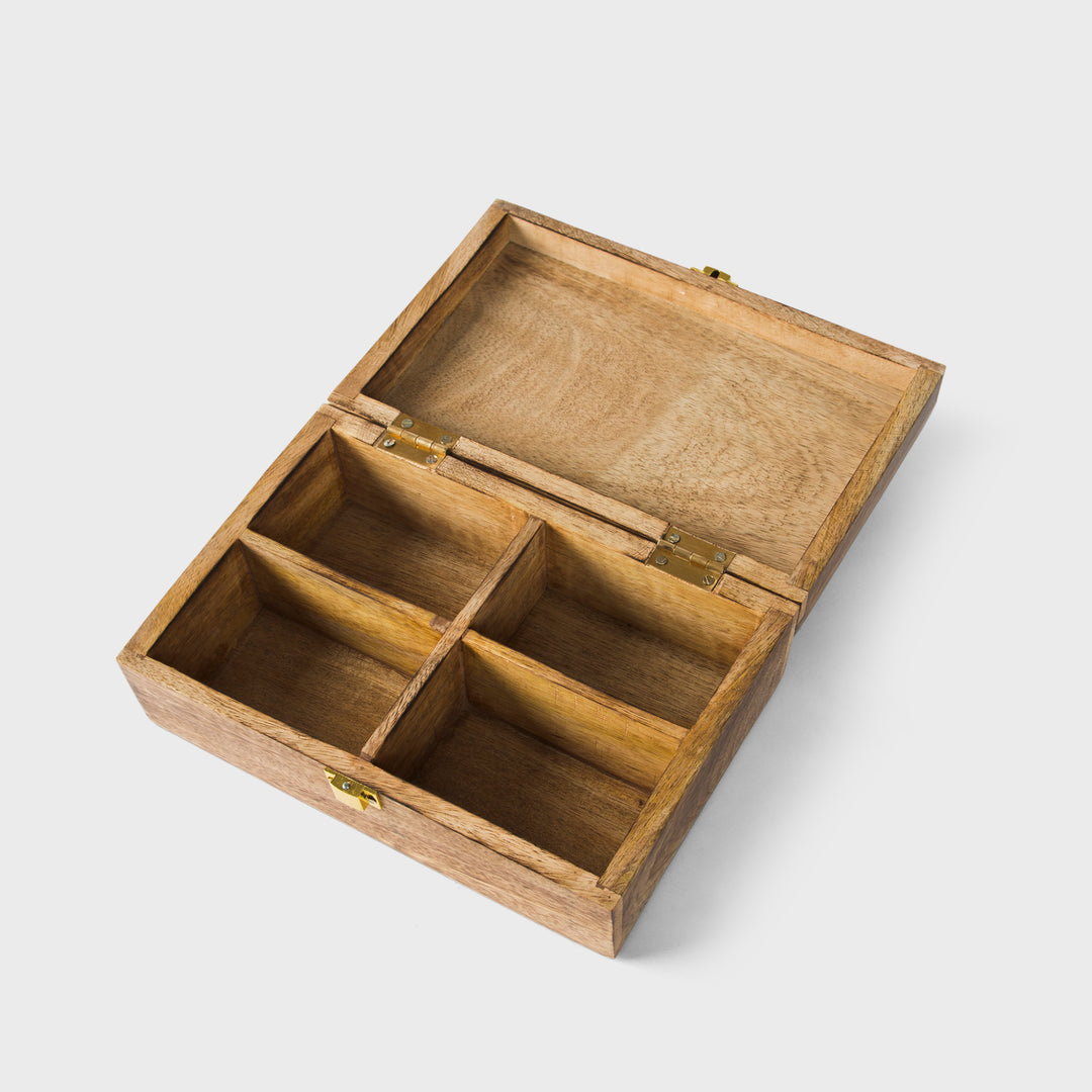 mango wood scallop keepsake box with four compartments and medium burnt finish
