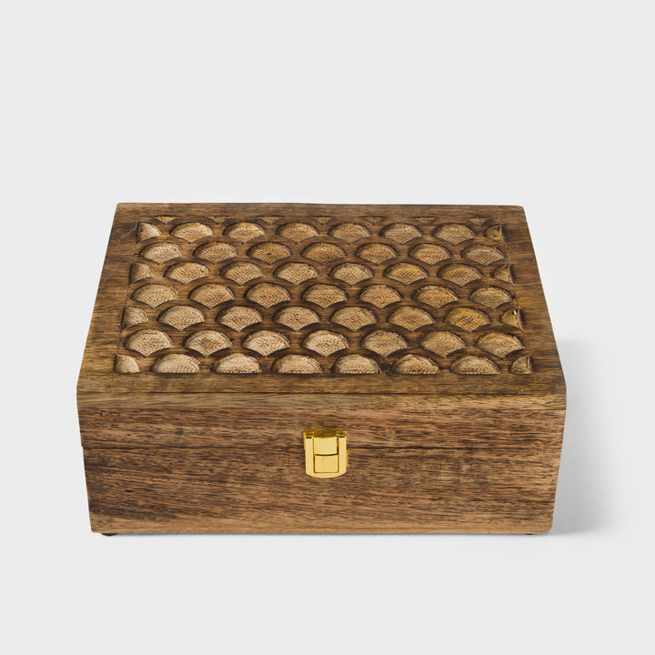 mango wood scallop keepsake box with compartments and medium burnt finish