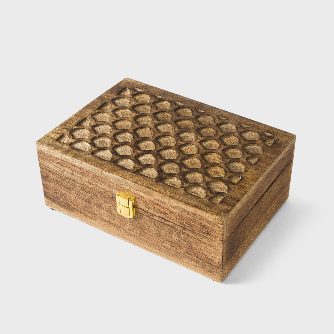 mango wood scallop keepsake box with compartments and medium burnt finish