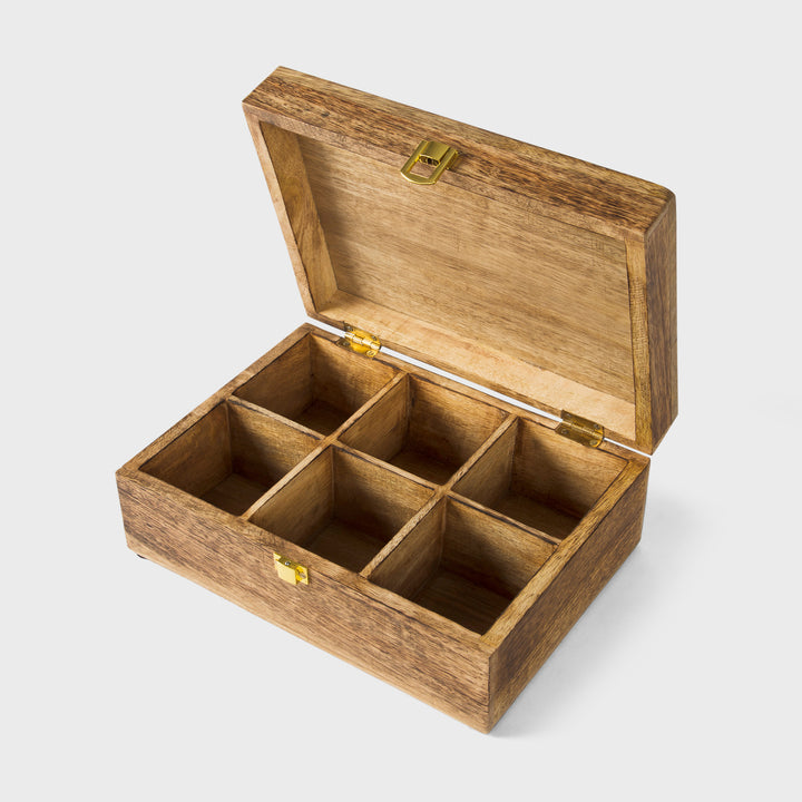mango wood scallop keepsake box with six compartments and medium burnt finish