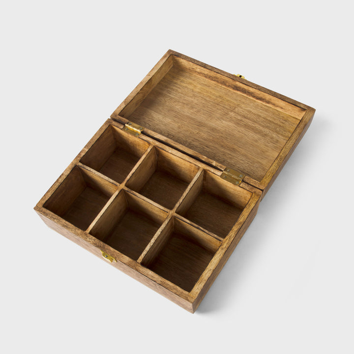 mango wood scallop keepsake box with six compartments and medium burnt finish