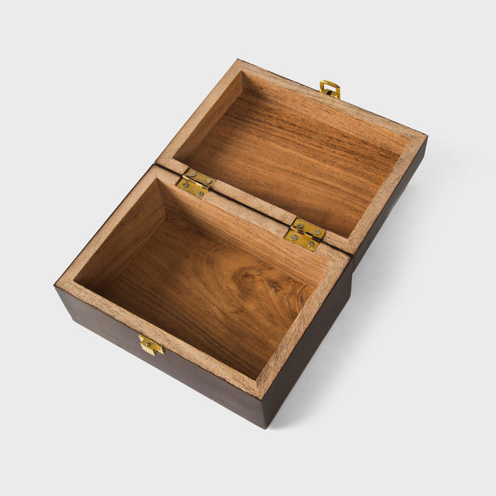 close-up of urban walnut finish and metal latch on acacia wood keepsake box
