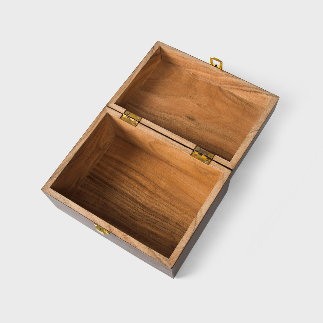 close-up of urban walnut finish and metal latch on acacia wood keepsake box
