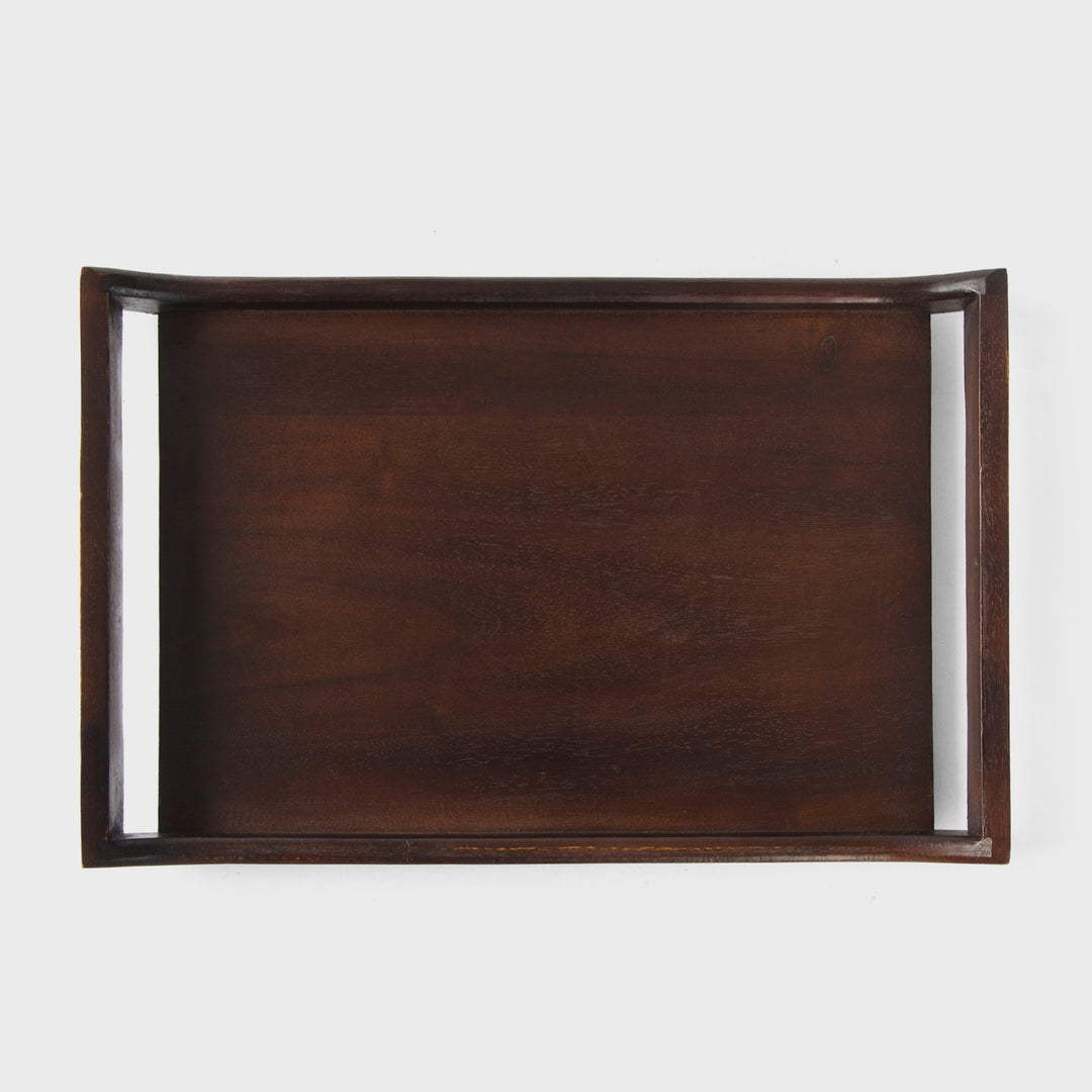 Close-up of urban walnut acacia wood grain and curved handle design on serving tray
