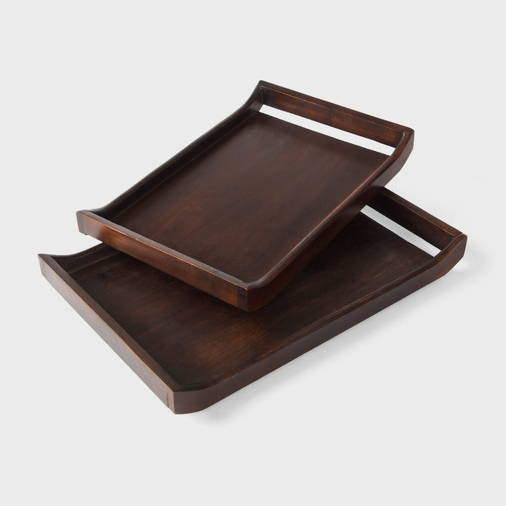 Set of two acacia wood serving trays in urban walnut finish with integrated handles