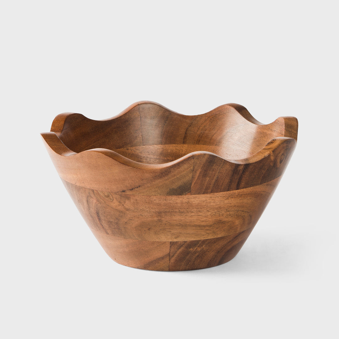 Acacia wood scalloped serving bowl with natural finish