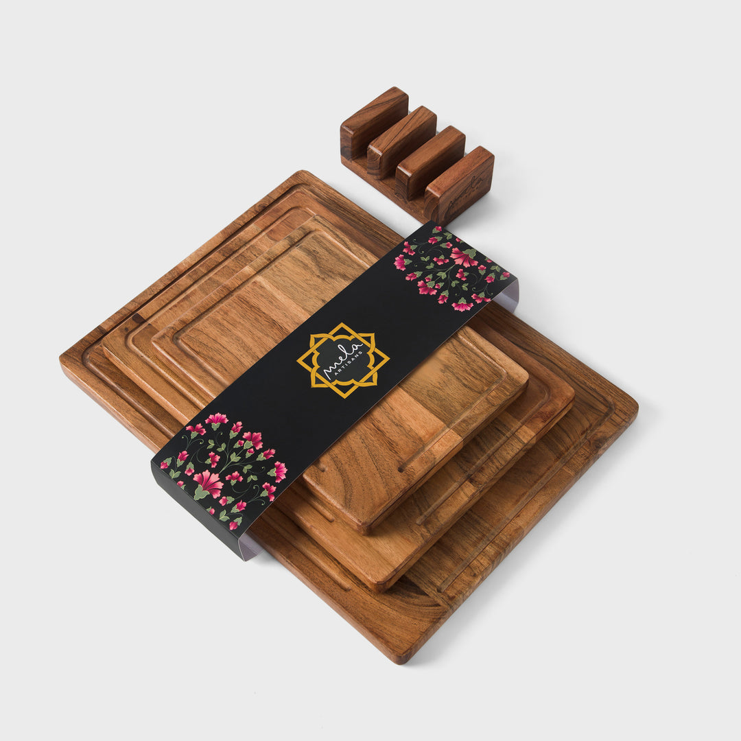 three piece acacia wood cutting board set with stand by mela artisans