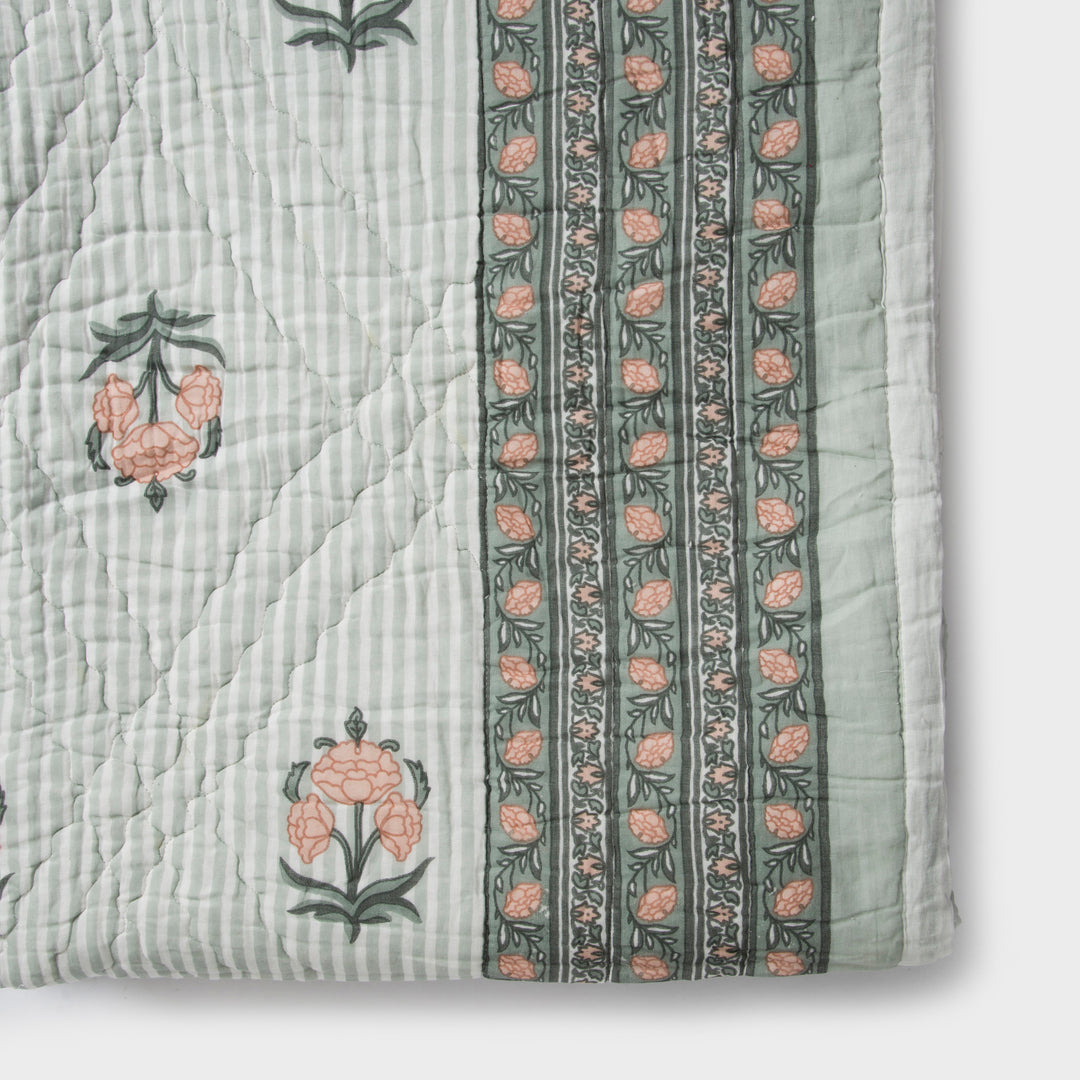Green Close-up of Block print detailing and cotton fabric texture