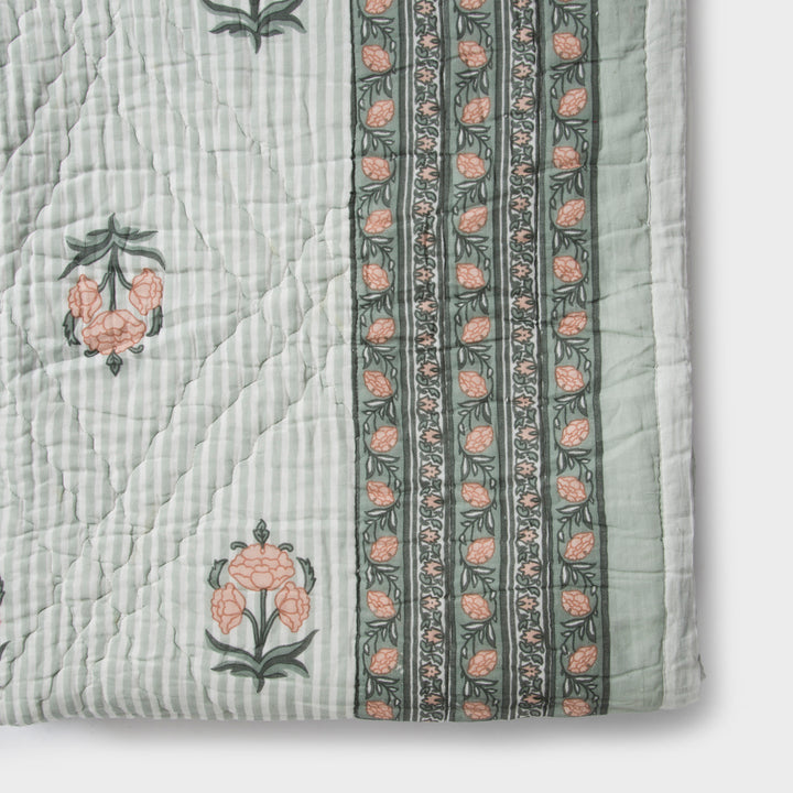 Green Close-up of Block print detailing and cotton fabric texture