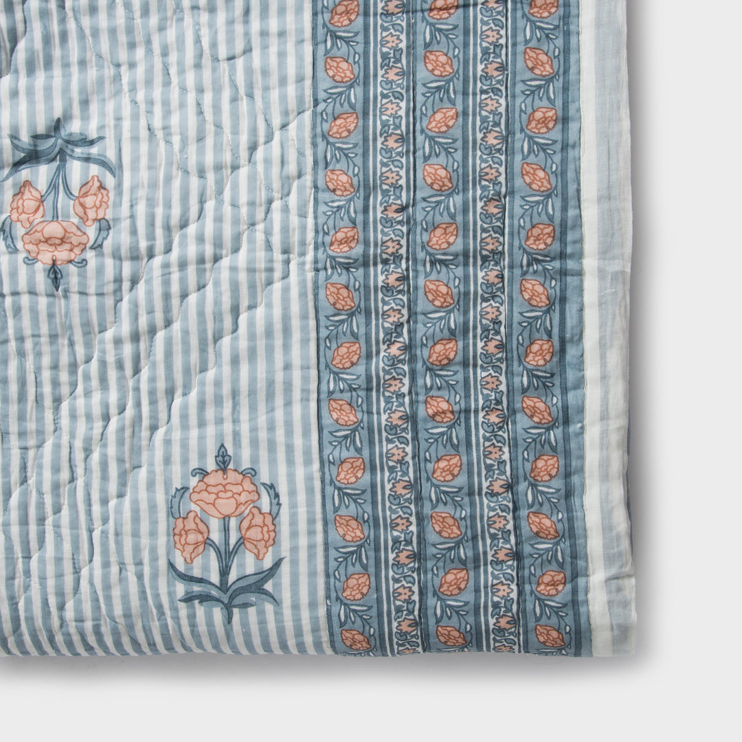 Blue Close-up of Block print detailing and cotton fabric texture
