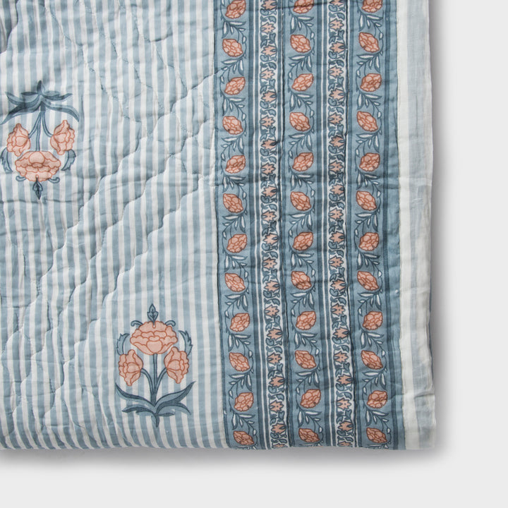 Blue Close-up of Block print detailing and cotton fabric texture