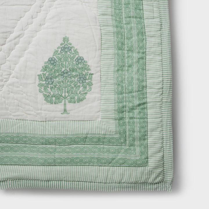 Close-up of cotton fabric texture and floral pattern on bed cover