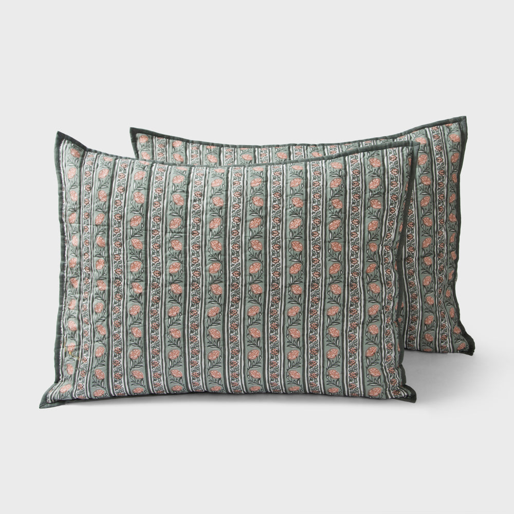 Set of two block printed green cotton standard sham covers in Kunj design