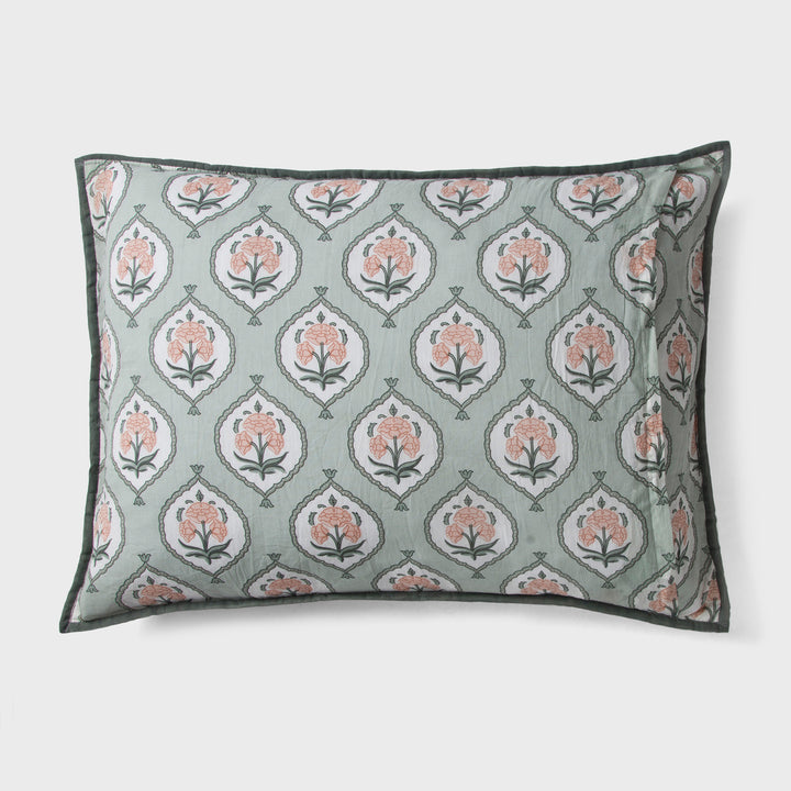 Close-up of green standard printed pattern and cotton fabric texture