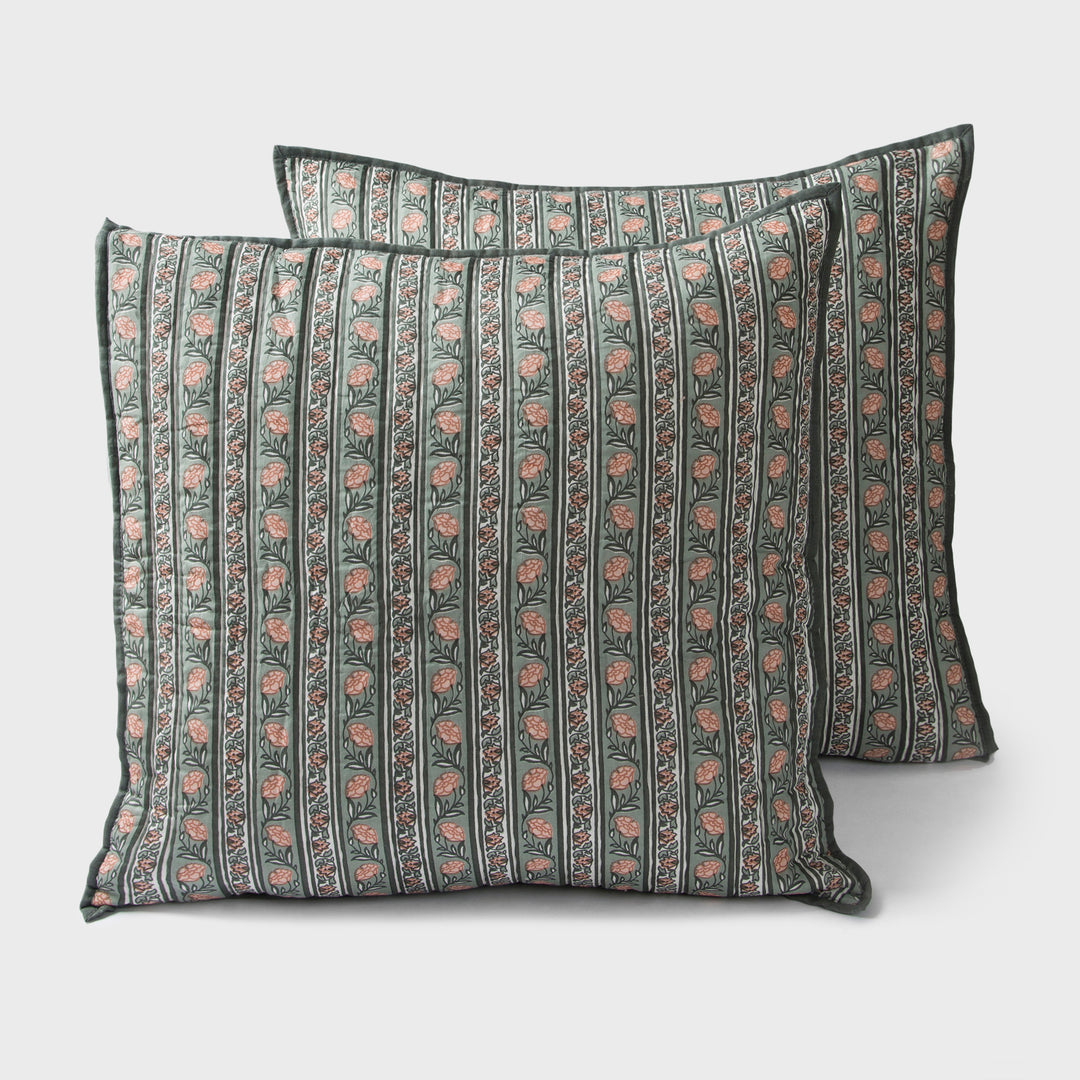 Set of two block printed green cotton euro sham covers in Kunj design