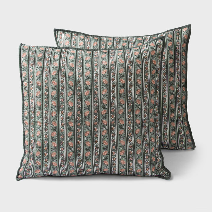 Set of two block printed green cotton euro sham covers in Kunj design