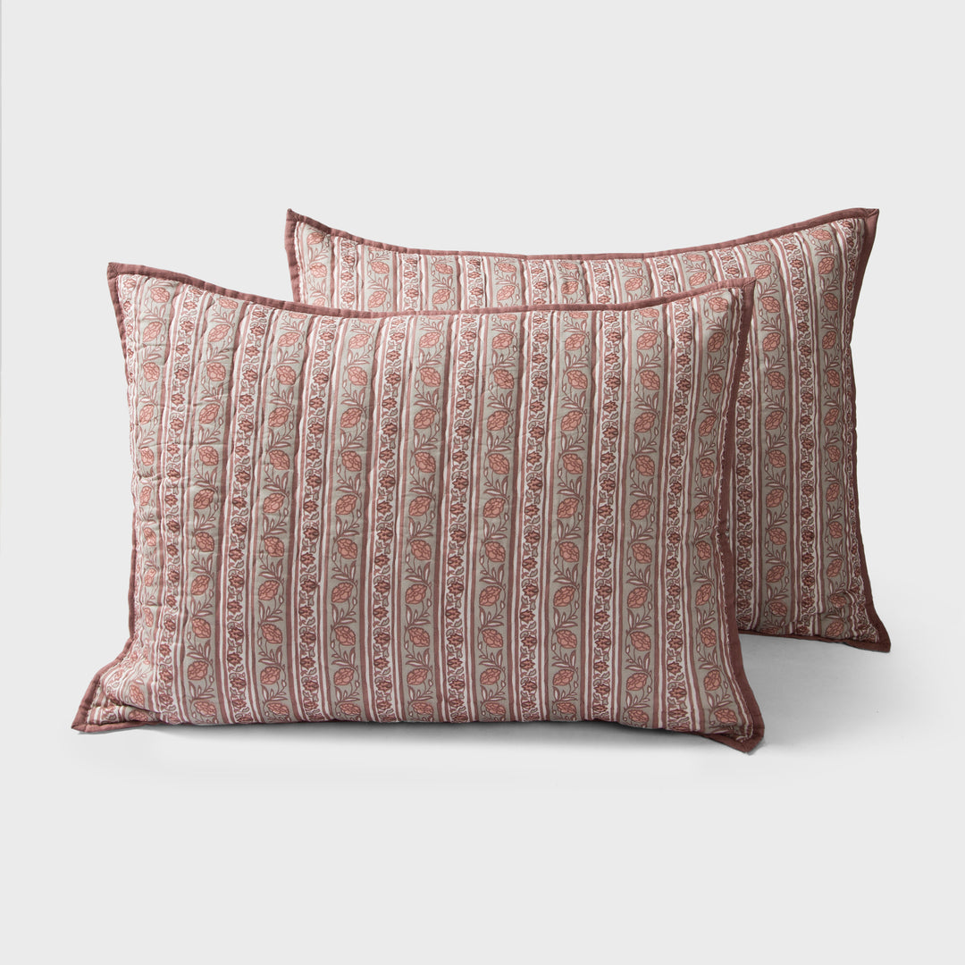 Set of two block printed blush pink cotton standard sham covers in Kunj design