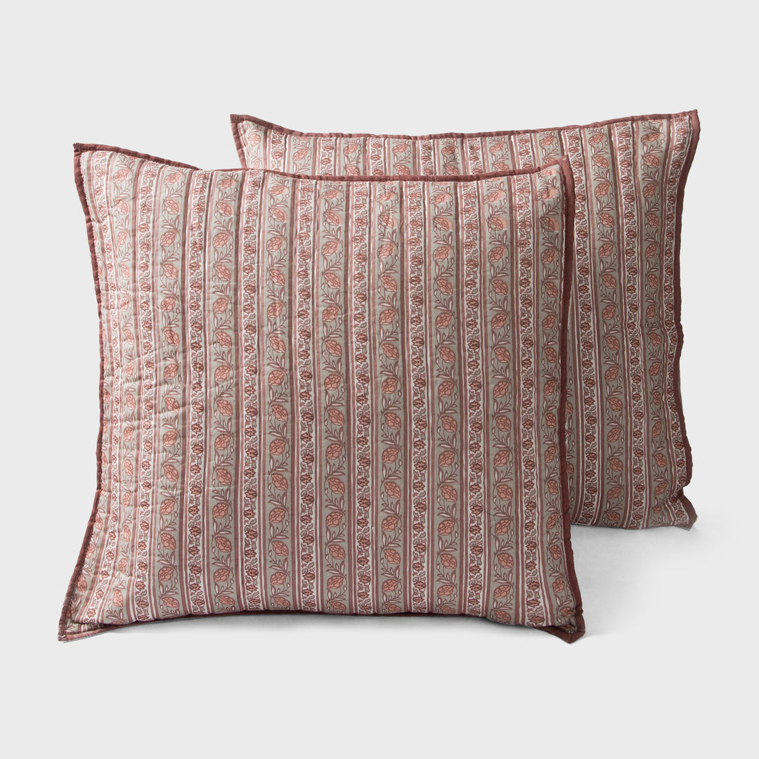 Set of two block printed blush pink cotton euro sham covers in Kunj design