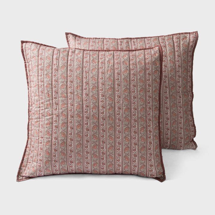 Set of two block printed blush pink cotton euro sham covers in Kunj design